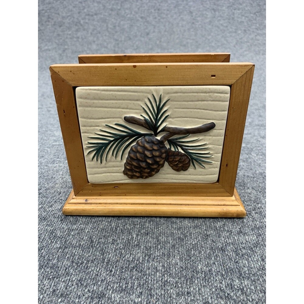 Pinecone Lodge Ceramic Wood Napkin Holder Pine Tree Country Design Hand Painted